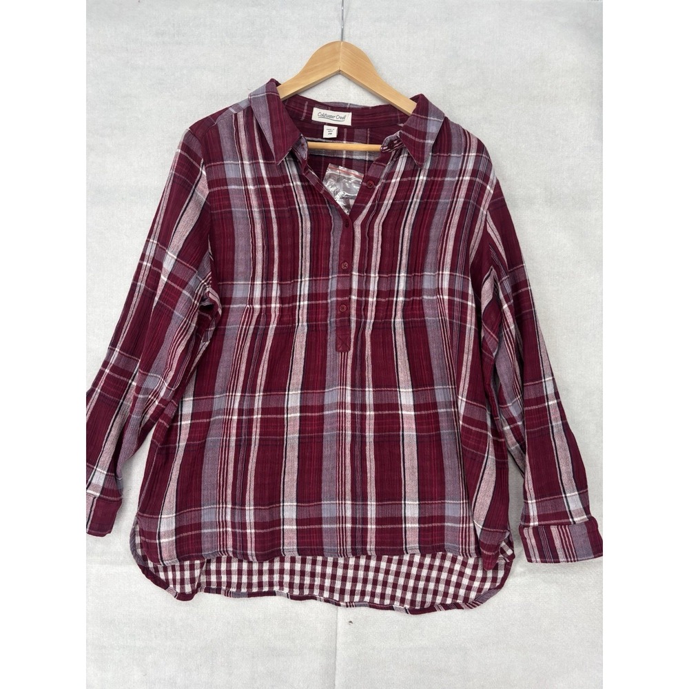 Coldwater Creek Women's PM Plaid Contrasting Trim Henley Shirt Buttons Pop Over